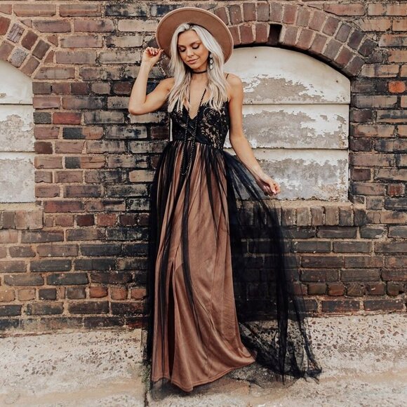 NWT Southern Fried Chics Lace Overlay Tulle Maxi Dress Gown Formal New Small - Picture 1 of 12